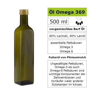 Unser Barf Öl 500 ml versorgt dein Tier optimal mit allen notwendigen Omega Fettsäuren und ist die ideale Ergänzung für ein ausgewogenes Menü